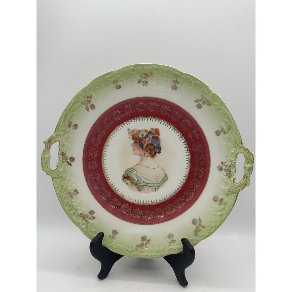Carl Tielsch Plate Woman Portrait Green Gold Border CT Germany with Handles 11”